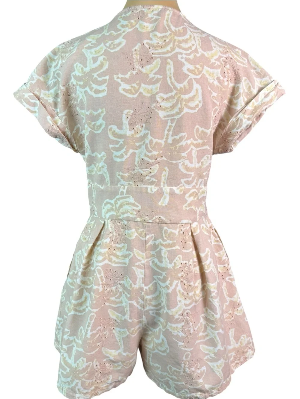 Zara Linen Blend Embroidered Eyelet Palm Tree Print Romper Button Front V-Neck M